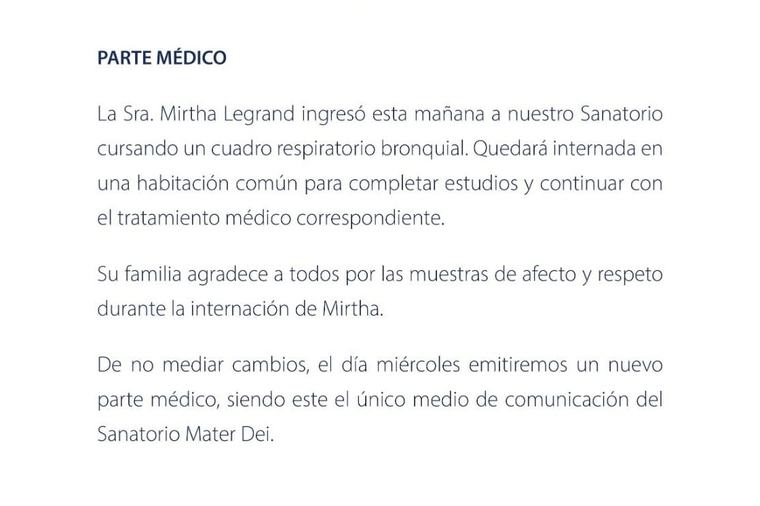 Dieron a conocer el primer parte médico de la salud de Mirtha Legrand